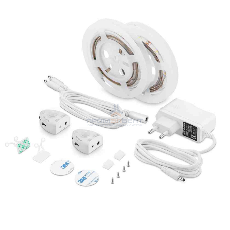 10-90 Комплект двойной светодиодной подкроватной подсветки, лента 12В, 2,4Вт/м, smd 2835, 30 д/м, IP65, 2 отрезка по 1,2м, диммируемые датчики, адаптер 1А, 3000К
